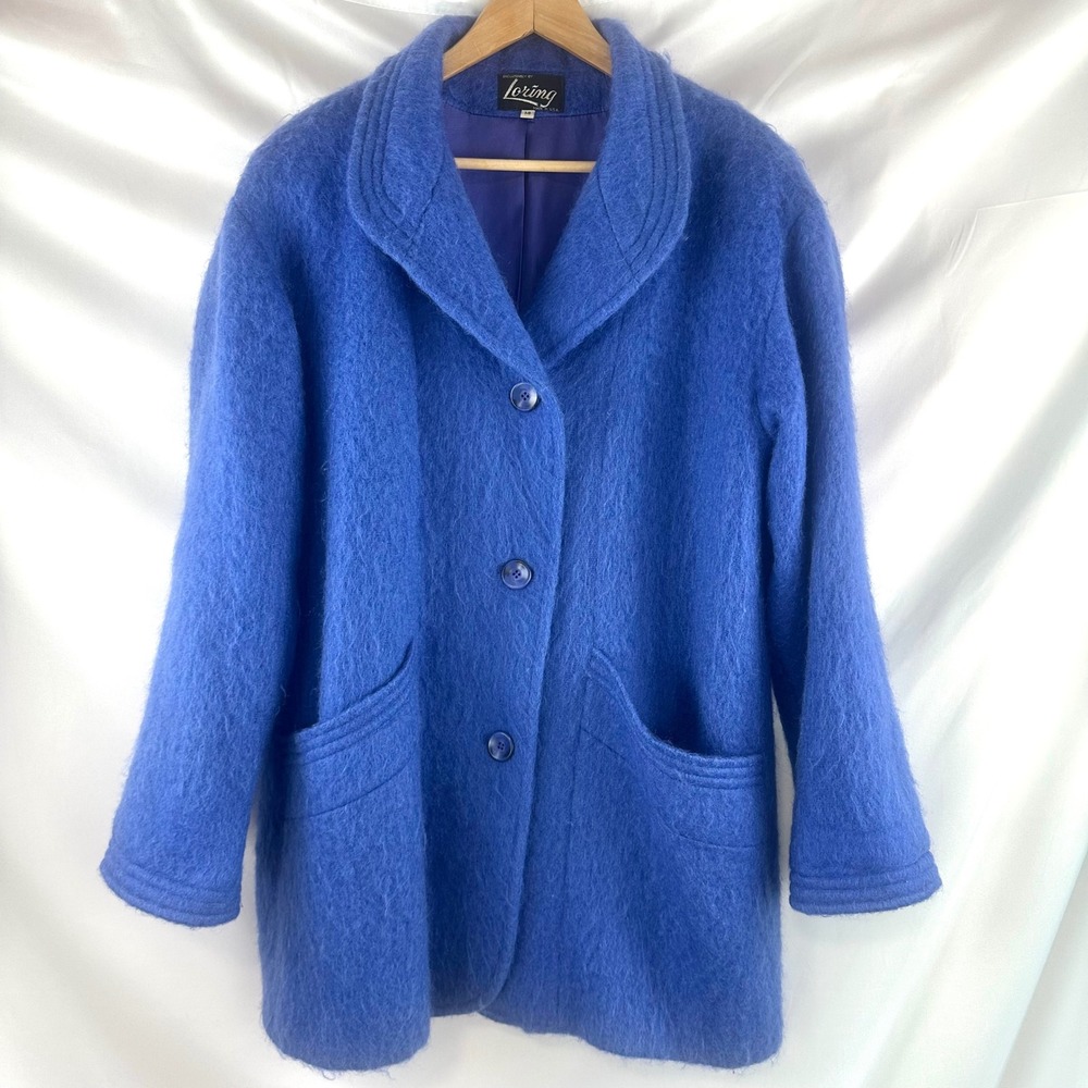 Vintage Mohair Coat Blue Oversized Fuzzy Wool Blend Statement Jacket 80s USA 14 - Picture 15 of 17